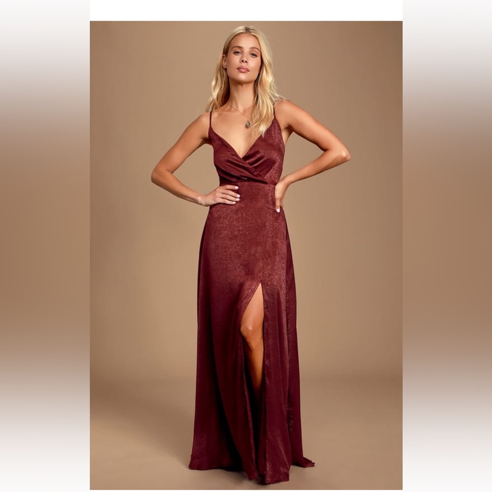 Lulus Constantine Burgundy Satin Maxi Dress